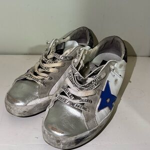 Golden Goose Silver and White Sneakers with Blue Star